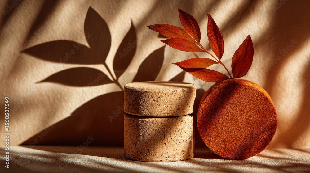 Poster rustic cylinder container with leaf, showcasing earthy tones and natural textures on a tabletop