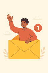 Man waving from an email envelope. New message notification concept. You've got mail. Inbox alert for newsletter subscription or online chat. Digital communication vector illustration.