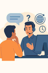Customer service vector illustration. Male hotline operator with headset advises client. Online global technical support 24/7. Customer and operator communication. Modern flat cartoon.