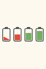 Vector battery charge level indicator set. Full and empty power status icons collection. Red low and green high energy symbols. Flat cartoon illustration for mobile device or app UI.