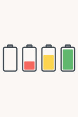 Battery charge level indicator vector set. Icons show full, empty, low, and medium power states. Energy status progress from green to red. Discharged and charged power source icons.