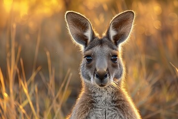 Fototapeta premium A close-up of a kangaroo in a sunlit field, showcasing its unique features and serene expression in a natural setting.