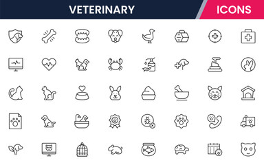 Veterinary vector web line icon collection, clean illustrations of pet care, medical tools, and animal health for compassionate designs.