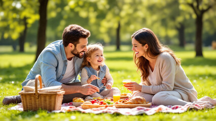 The image shows a happy family of three - a man