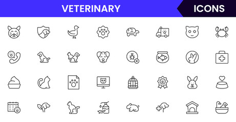 Veterinary vector web line icon collection, clean illustrations of pet care, medical tools, and animal health for compassionate designs.
