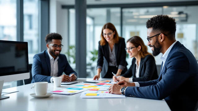 The image shows a group of four people sitting around a table in an office