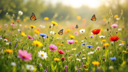 Fototapeta premium The image shows a field of vibrant flowers with butterflies fluttering around them