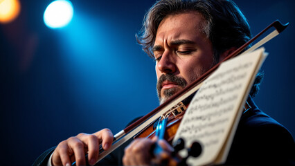 The image shows a man playing a violin in front of a microphone