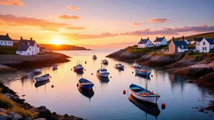 The image shows a beautiful sunset over a small town with boats in the water