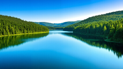 The image shows a large body of water surrounded by trees and mountains