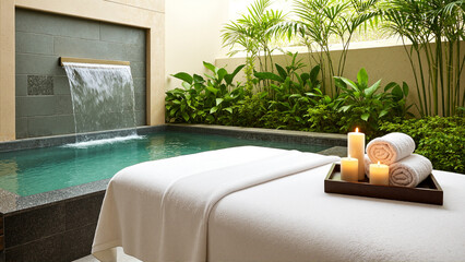 The image shows a luxurious spa with a pool and a waterfall in the background. On the right side of the image