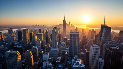 The image shows a stunning view of the New York City skyline at sunset
