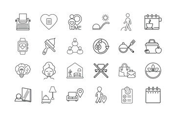 Fototapeta premium Lifestyle Icon Set – Wellness, Daily Routine, Mindfulness, Healthy Habits, Home Living, and Personal Balance Symbols