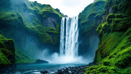 The image shows a large waterfall cascading down a rocky cliff in the middle of a lush green forest. The water is surrounded by rocks and plants on the hills