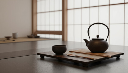 The image shows a teapot sitting on top of a wooden tray next to a cup of tea