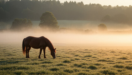 The image shows a horse grazing in a field at sunrise