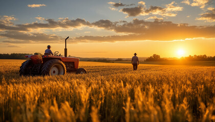 The image shows a man driving a tractor in a wheat field at sunset. The sky is a beautiful mix of oranges