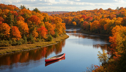The image shows a red canoe floating on a river surrounded by trees in the fall. The trees are adorned with vibrant shades of red