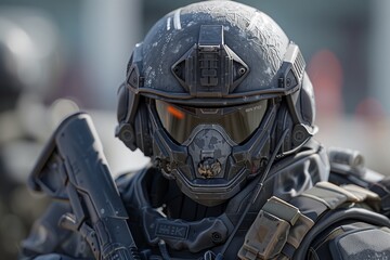 Fototapeta premium A close-up of a soldier in tactical gear, showcasing advanced military technology and combat readiness.
