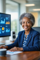 A smiling, mature African American woman in a navy blazer sits at a desk in a modern office, looking directly at the camera with a confident expression.
