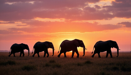 The image shows four elephants walking across a grassy field at sunset