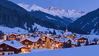 The image shows a small town nestled in the middle of a snowy mountain range