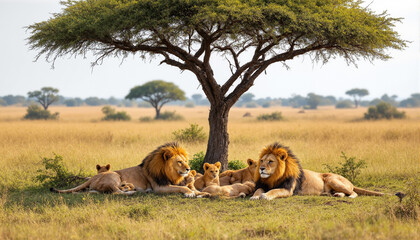 The image shows a group of lions laying under a tree in the savannah