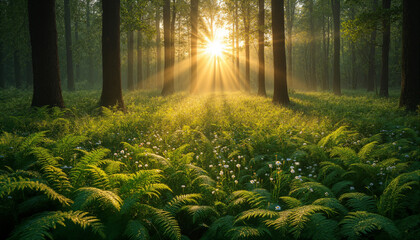 The image shows a lush forest with the sun shining through the trees