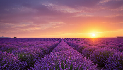 The image shows a stunning lavender field at sunset