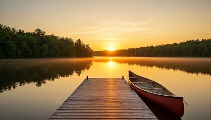 The image shows a red canoe sitting on top of a wooden dock at sunset