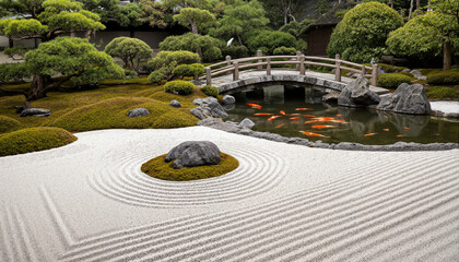 The image shows a Japanese Zen garden with a bridge over a pond