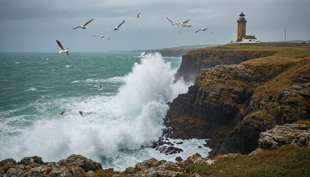 The image shows a flock of seagulls flying over the ocean near a lighthouse