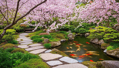 The image shows a tranquil Japanese garden with koi fish swimming in a pond surrounded by lush green grass
