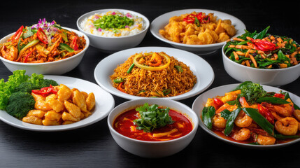An overhead view shows a beautiful assortment of delicious Thai dishes, including fried rice, crispy chicken, and spicy shrimp, all artfully arranged on a table.
