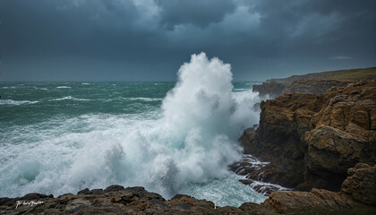 The image shows a stormy sky with dark clouds looming over the ocean