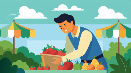 A man picking fresh fruits and vegetables at a local farmers market supporting both his physical health and the local community.. Vector illustration