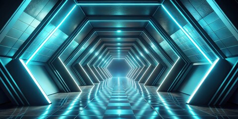 Futuristic Hexagonal Corridor with Bright Cyan Neon Lights and Reflective Floor