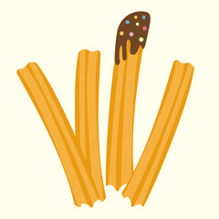Churros, sweet pastry snack with chocolate topping and sprinkles. For dessert menus, street food illustrations.