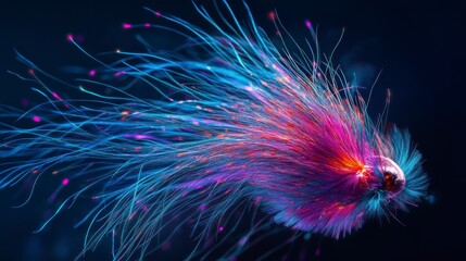 Abstract vibrant colorful light trails, glowing lines and particles forming a dynamic shape against a dark background.