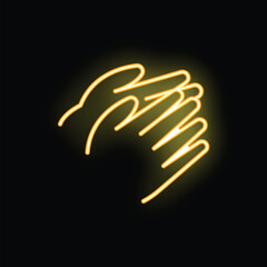 Glowing neon icon of two hands clapping representing applause on black background