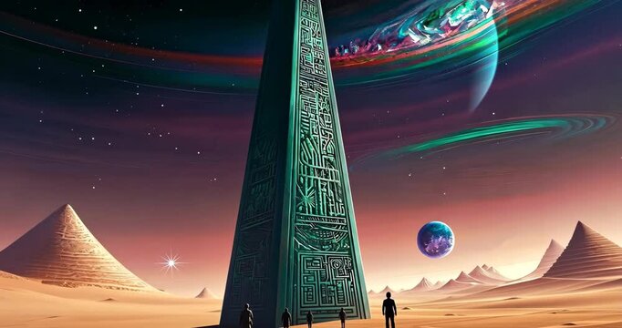 A tall green obelisk stands against a backdrop of colorful swirling sky, pyramids, a planet, and stars.