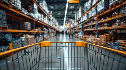 Shopping Cart Perspective in Wholesale Supermarket Aisle