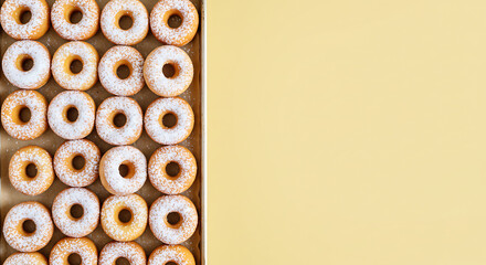 A delectable display of freshly baked donuts, delicately dusted with powdered sugar, arranged neatly in a box, creating a mouthwatering scene.