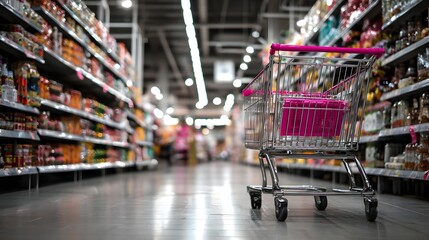 Grocery Shopping: Empty Shopping Cart in Supermarket Aisle