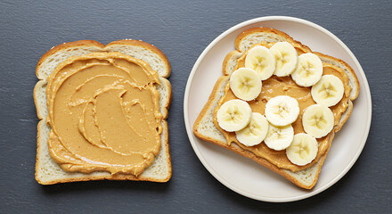 A delightful and tempting shot of Peanut Butter on Toast with Sliced Banana, capturing the essence of a quick, delicious snack. A culinary masterpiece with simple ingredients that brings pure joy.
