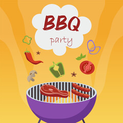 BBQ banner with grill, meat, vegetables and tex bubble. For summer food promotions and party invitations.