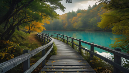 Serene Forest Pathway Along a Turquoise Riverside in Autumn