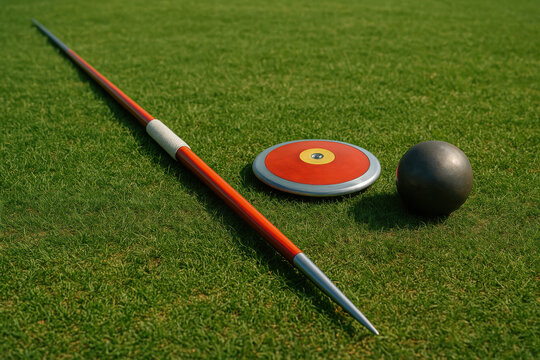 Athletic Throws: Javelin, discus, and shot put rest on verdant turf, symbols of strength, precision, and competition.