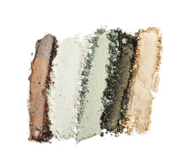 Colorful eyeshadows on white background, top view