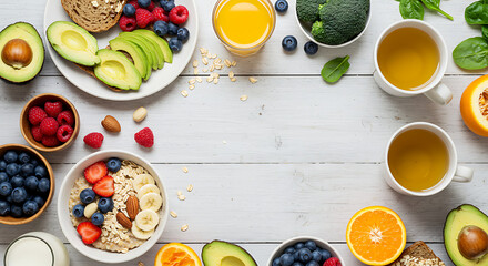 A vibrantly colorful and healthy breakfast or meal spread out across a wooden table. featuring diverse nutritious foods for well-being, presented in a neat and appealing fashion. 